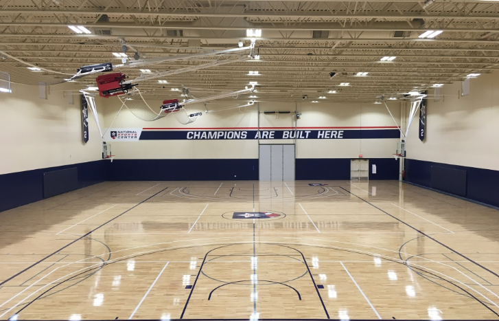 Solid hardwood sports floor in a university athletic facility
